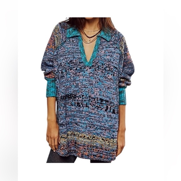 FREE PEOPLE Season Of Sun Colorful V-Neck Oversized Sweater  Boho grunge Small - Picture 1 of 7